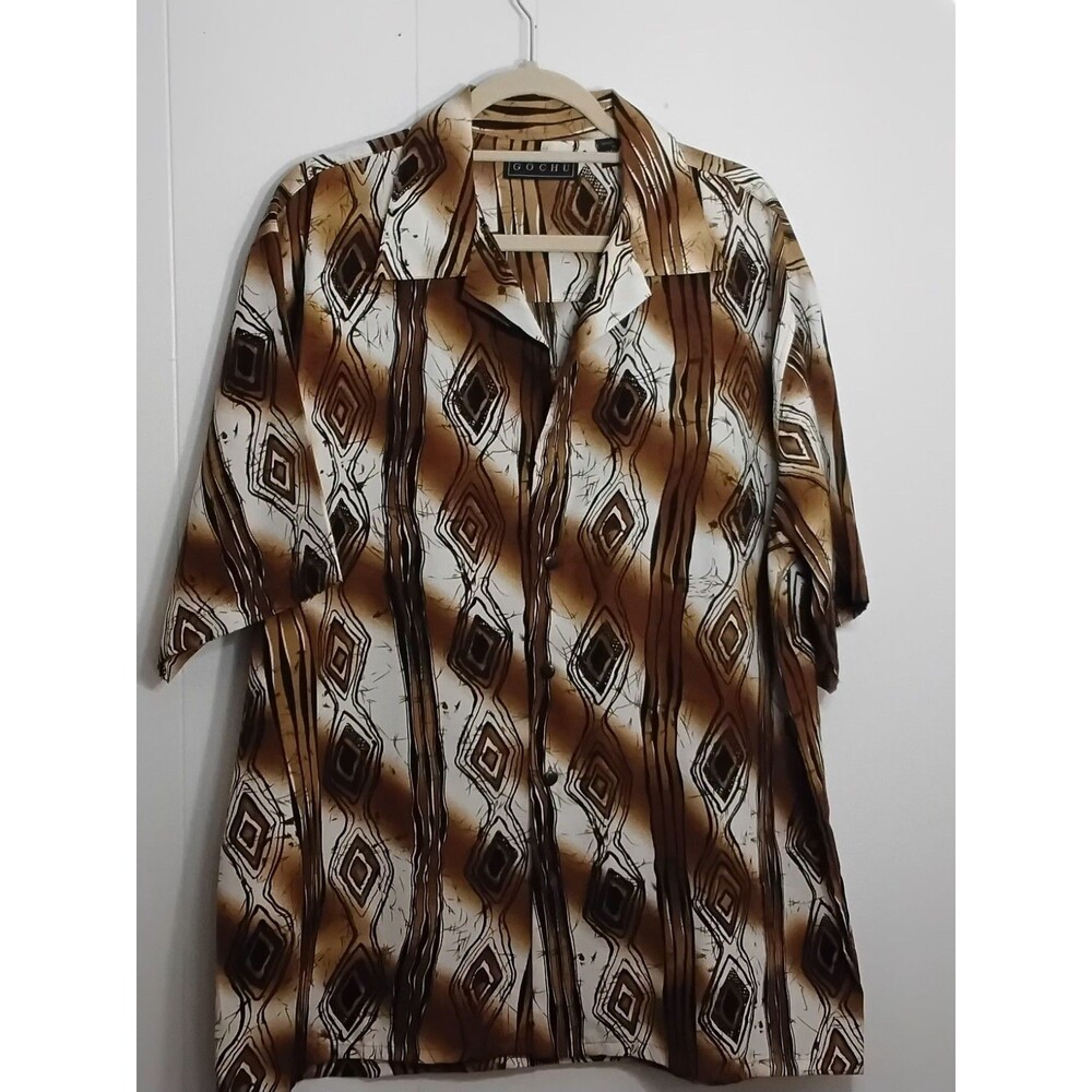 Vintage 90s Geometric Button Up Shirt Mens XL Brown Abstract Retro